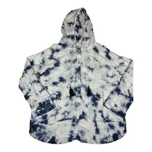 Rachel Zoe Womens M Blue Tie Dye‎ Linen Hooded Button Down Shirt Lightweight